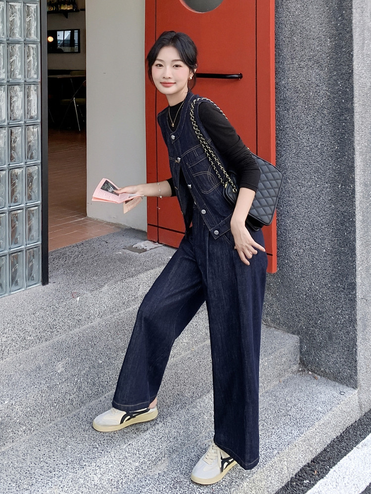 港风时尚设计感牛仔套装女2025年春秋季新款宽松外套阔腿裤两件套图片