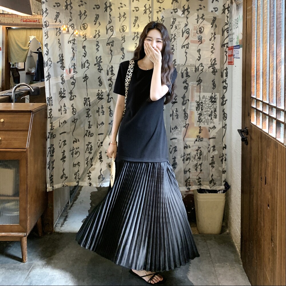 短袖长裙法式光泽雪纺拼接连衣裙时尚大码休闲气质,女装连衣裙,2C212