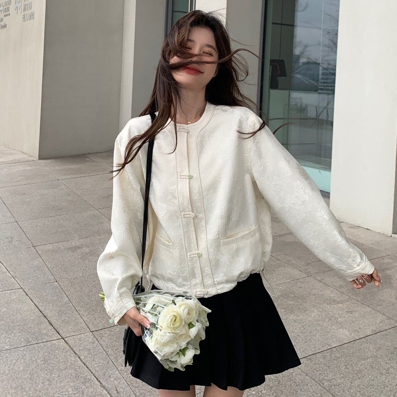 白色提花小香风国风外套女2025春季新款小个子新中式洋气百搭上衣图片