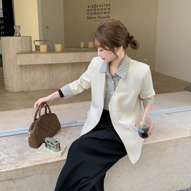 长袖常规款女衬衫袖拼接V领西装撞色时尚宽松气质小香风显瘦气质,女装西装,2C266