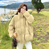 韩系学院风黄色立领羽绒服女冬季小个子白鸭绒宽松加厚外套面包服，女装羽绒服，2C166