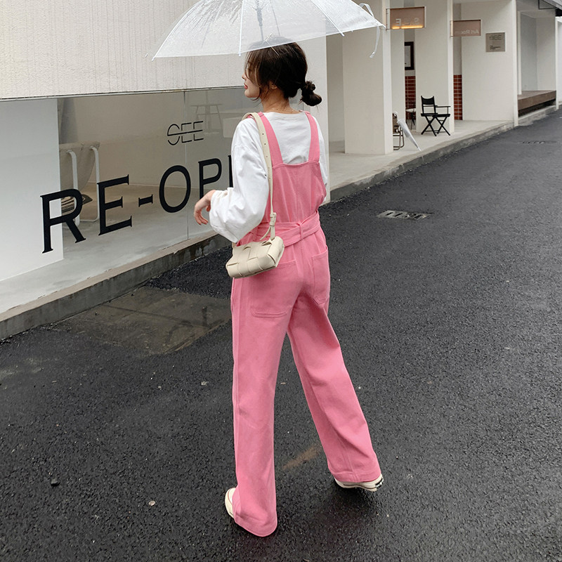 小清新工装背带裤女春夏收腰2025年新款韩版宽松小个子直筒阔腿裤,女装休闲裤,2C037