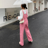 小清新工装背带裤女春夏收腰2025年新款韩版宽松小个子直筒阔腿裤，女装休闲裤，2C037