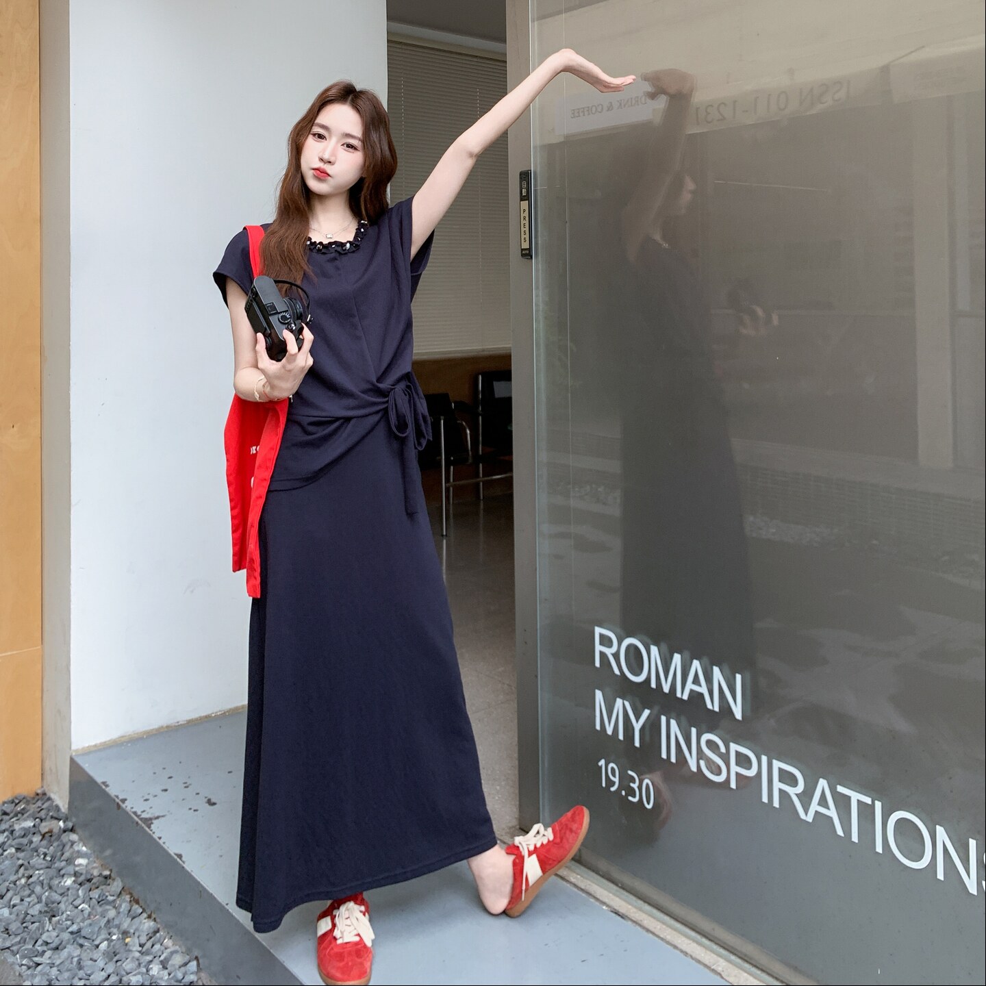 深蓝色花边领上衣阔腿裤套装2025新款女夏季今年流行高级感两件套,女装套装/套裙,2C098