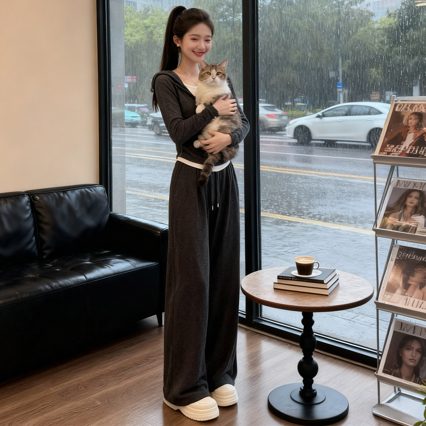 经典潮流女春季欧货时尚休闲运动假两件连帽上衣显瘦阔腿裤两件套,女装套装/套裙,2C310