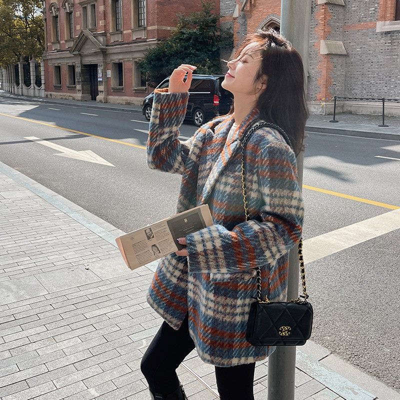 港风复古时尚格纹西装毛呢外套女2025秋冬季新款显瘦加厚呢子大衣图片