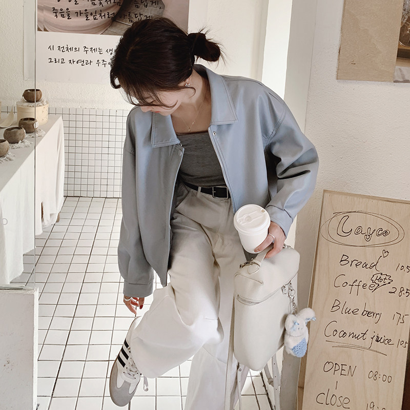 蓝色皮衣外套女2025春秋新款流行漂亮洋气减龄休闲飞行员夹克上衣,女装短外套,2C203
