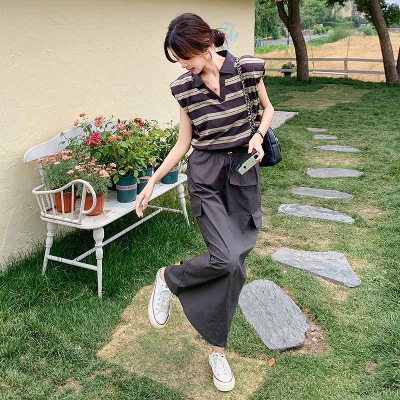 休闲条纹无袖背心套装女2025夏季新款时尚气质显瘦半身裙两件套图片