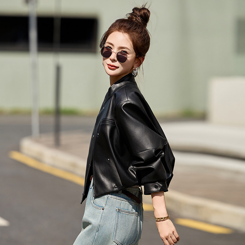 【新品】不规则设计款黑色皮衣外套女百搭1C115-2513-P125-K228,女装皮衣,吾爱衣