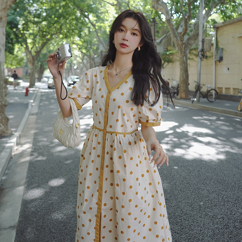 【现货夏新！】V领波点中长款连衣裙/货号;105P95K148,女装连衣裙,2C037