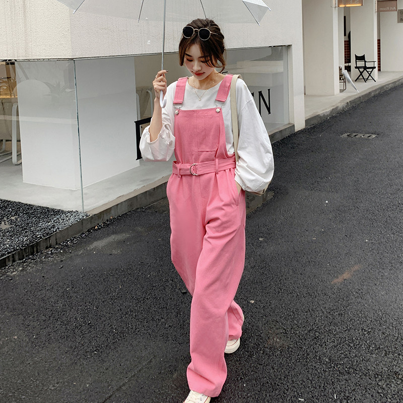 小清新工装背带裤女春夏收腰2025年新款韩版宽松小个子直筒阔腿裤,女装休闲裤,2C037