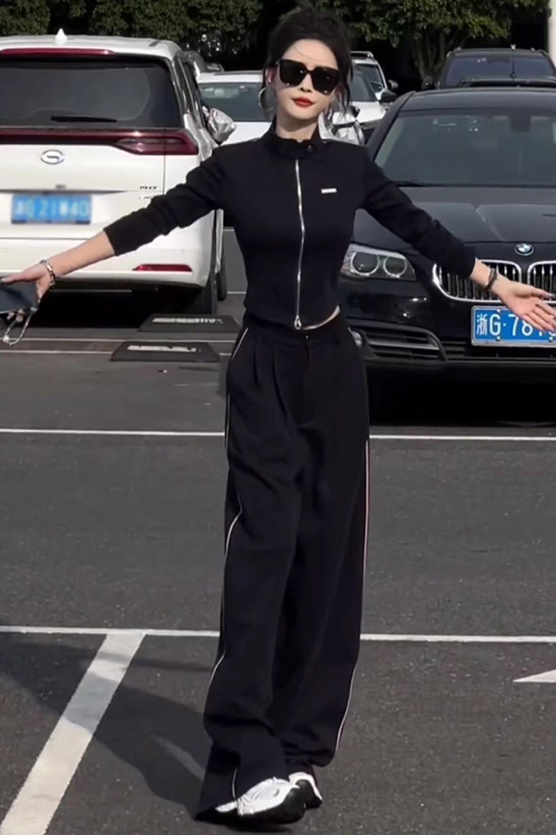 韩版时尚气质大方套装女春新款拉链开衫黑色立领上衣阔腿裤两件套,女装套装/套裙,2C310