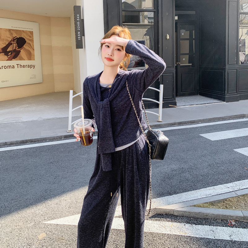 时髦精穿搭套装女2025春季新款韩系休闲上衣披肩高腰阔腿裤三件套图片