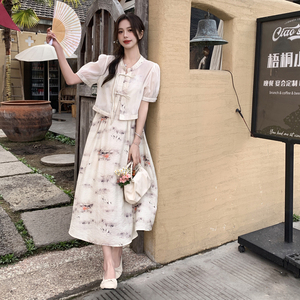 新中式国风水墨画吊带长裙套装女2025夏季新款显瘦开衫上衣两件套图片
