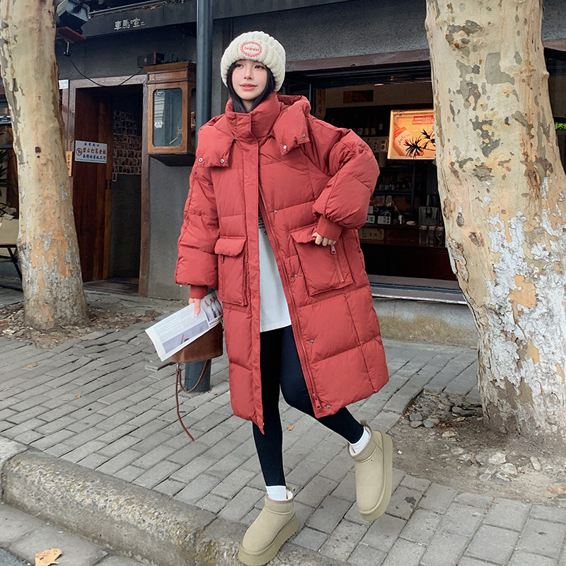 新款红色连帽羽绒服女冬2025新款韩系高级感中长款厚外套图片