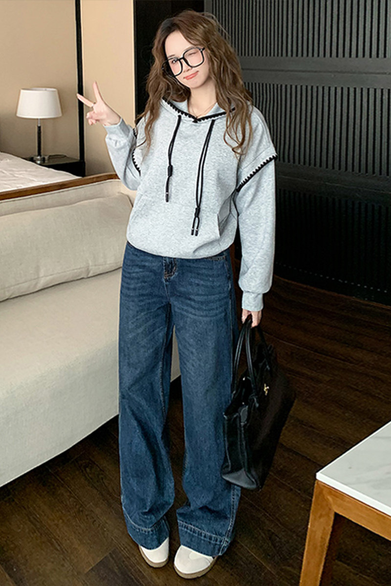 网春女新款连帽套头卫衣阔腿牛仔裤减龄时尚两件套,女装套装/套裙,2C310