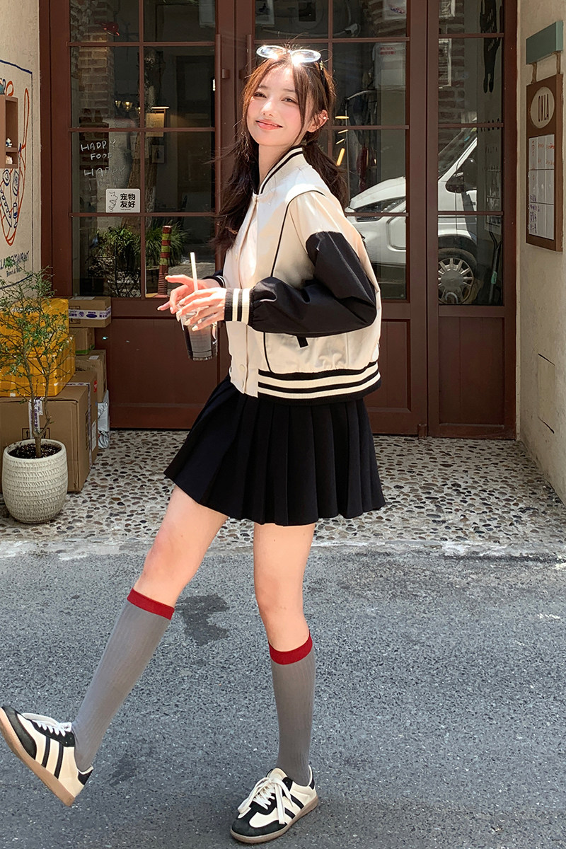 短款棒球服外套女春秋2025新款高级感设计小众宽松撞色夹克上衣潮,女装短外套,2C057