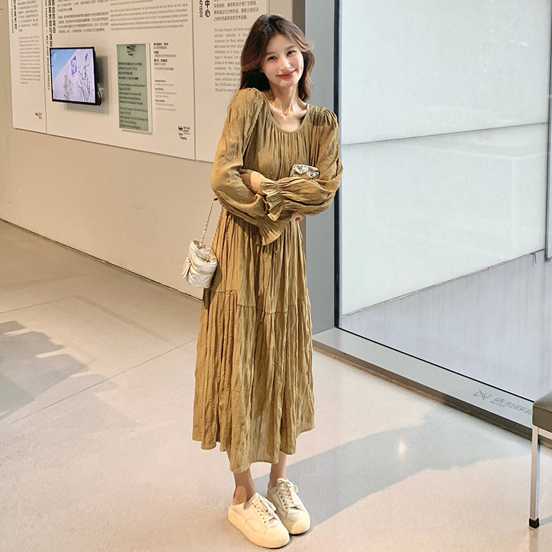 时尚褶皱连衣裙女2025春季新款韩版气质温柔圆领修身收腰A字长裙,女装连衣裙,2D043