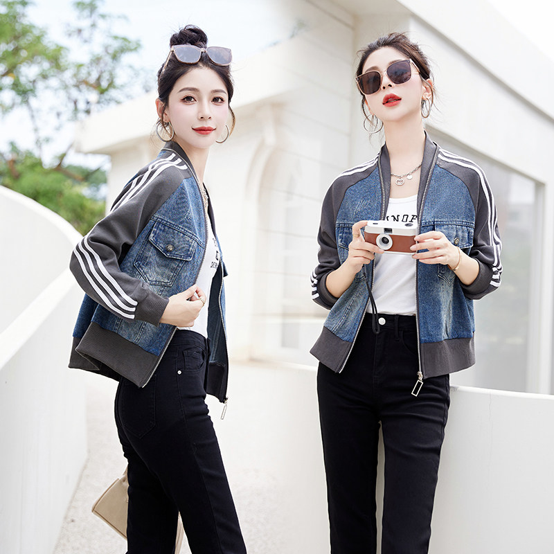 复古减龄牛仔拼接棒球服女春秋2023新款小个子休闲夹克上衣短外套图片