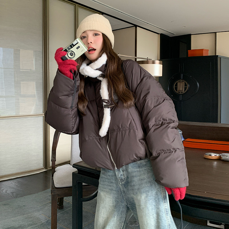 LeceaAlice短款羽绒服女2025冬季新款韩版拼接毛绒白鸭绒面包服,女装短外套,2C088