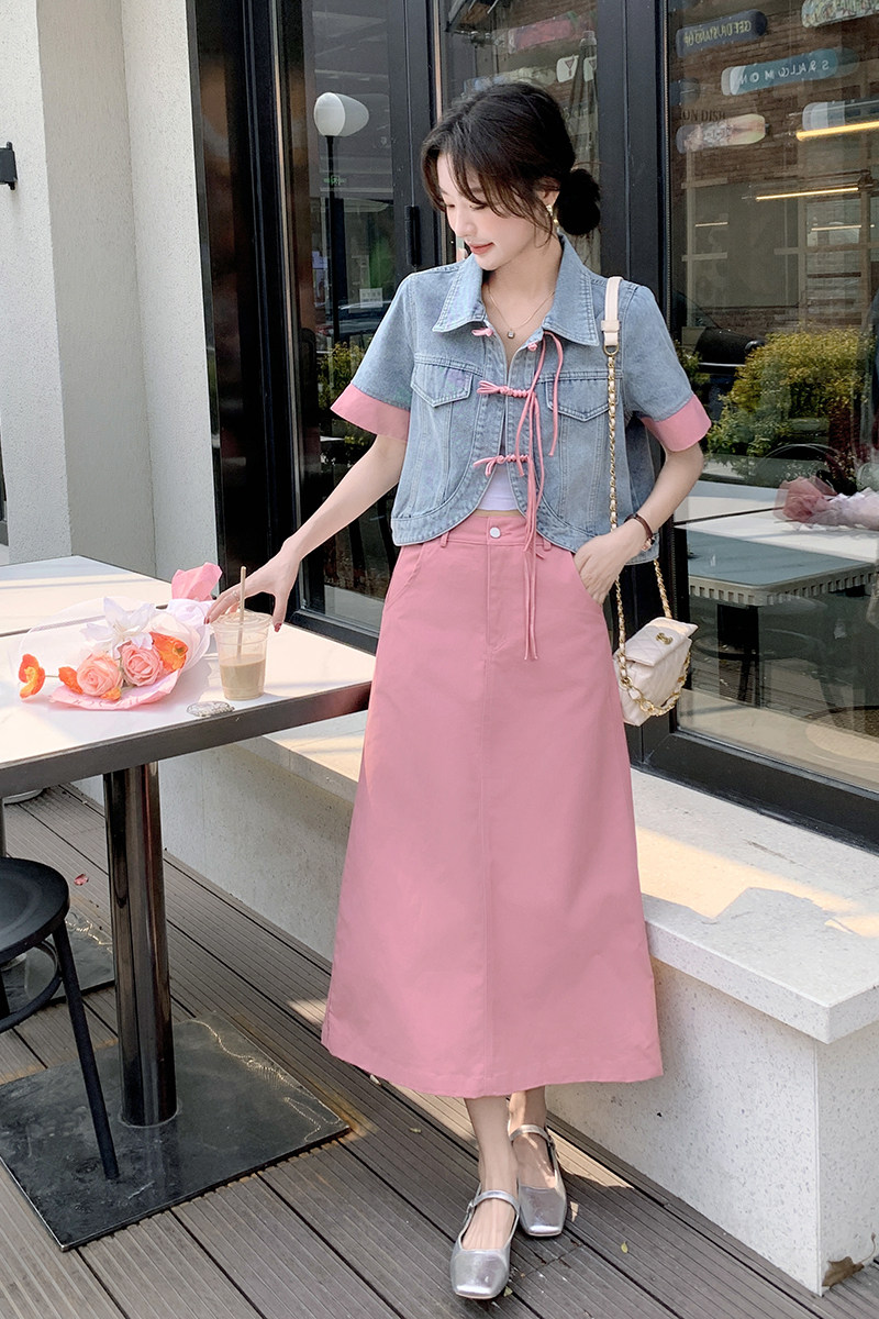 【现货】2025夏装新款新中式盘扣短袖牛仔+半裙风套裙,女装套装/套裙,先锋丽姿