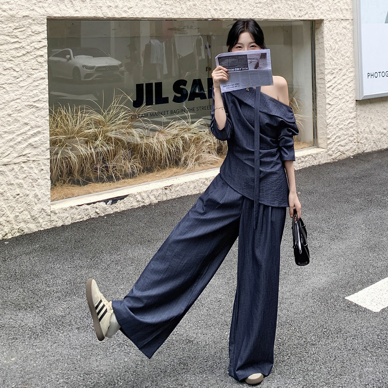 气质飘带露肩上衣休闲裤套装女秋2025新款大方得体流行超火两件套,女装套装/套裙,2C159