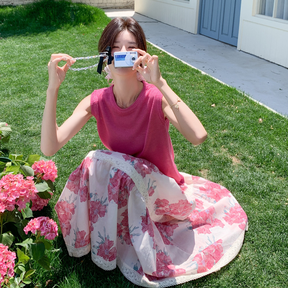粉色少女感针织无袖背心套装裙女夏新款超仙绝美碎花半身裙两件套,女装套装/套裙,2C159