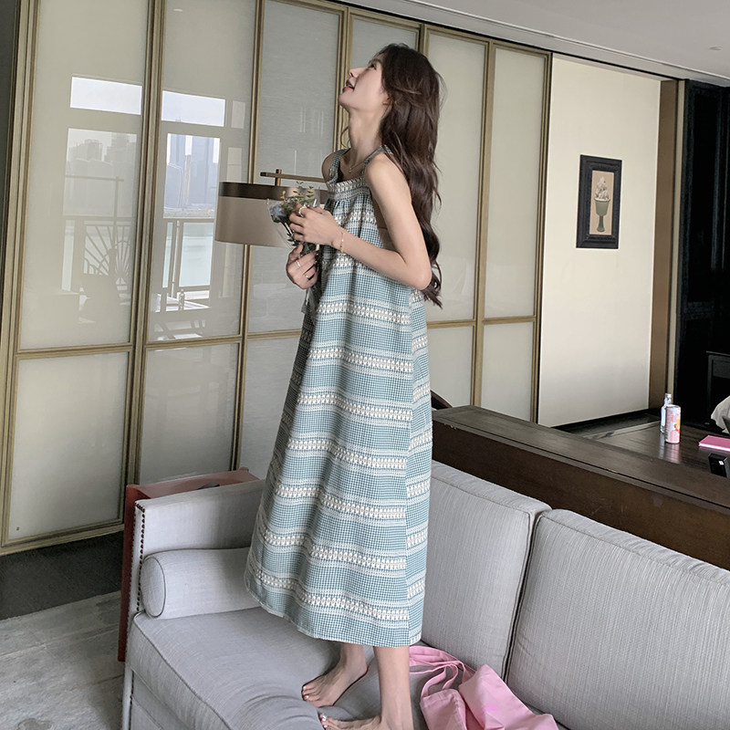森系桔梗格子吊带连衣裙女2025夏季新款韩系宽松减龄小个子长裙潮,女装连衣裙,2C201