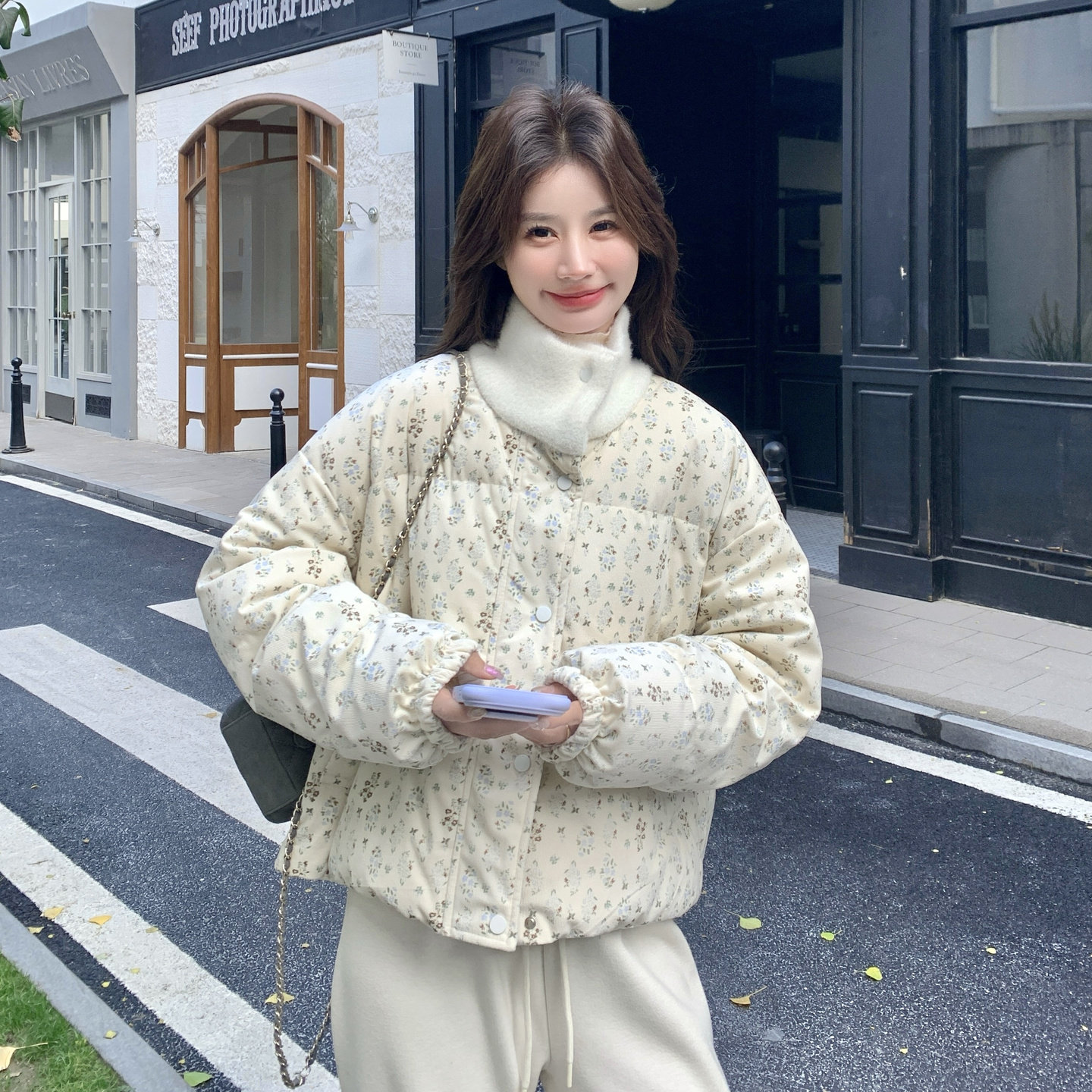 法式温柔风碎花立领短款羽绒服女2026冬季新款加厚保暖面包服外套,女装羽绒服,2C166