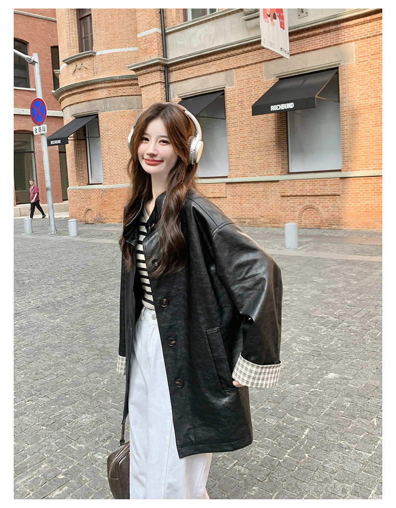 黑色韩版格子拼接翻袖皮衣外套女2025秋季新款中长款潮酷pu皮夹克,女装皮衣,2C291