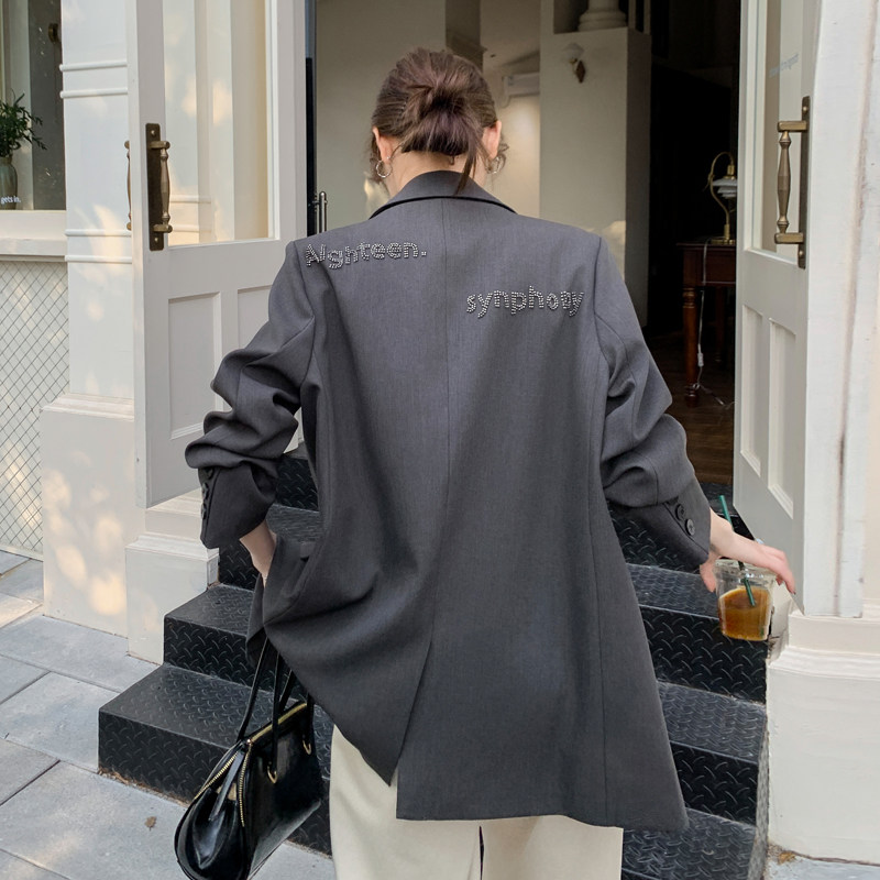 【大货已出】后背烫钻字母灰色百搭小西装外套女 503-P150-K218图片