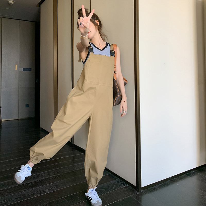 日系时尚束脚工装背带裤女2025夏季新款韩版宽松显瘦设计感连体裤,女装休闲裤,2C032
