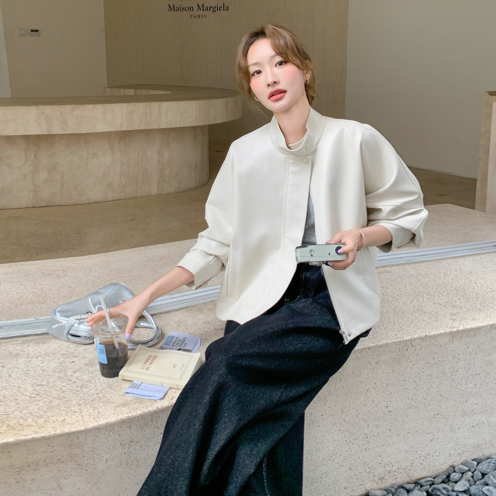 浅米色韩系立领PU皮衣外套女2025秋季小个子洋气炸街流行淡人夹克,女装皮衣,2C258
