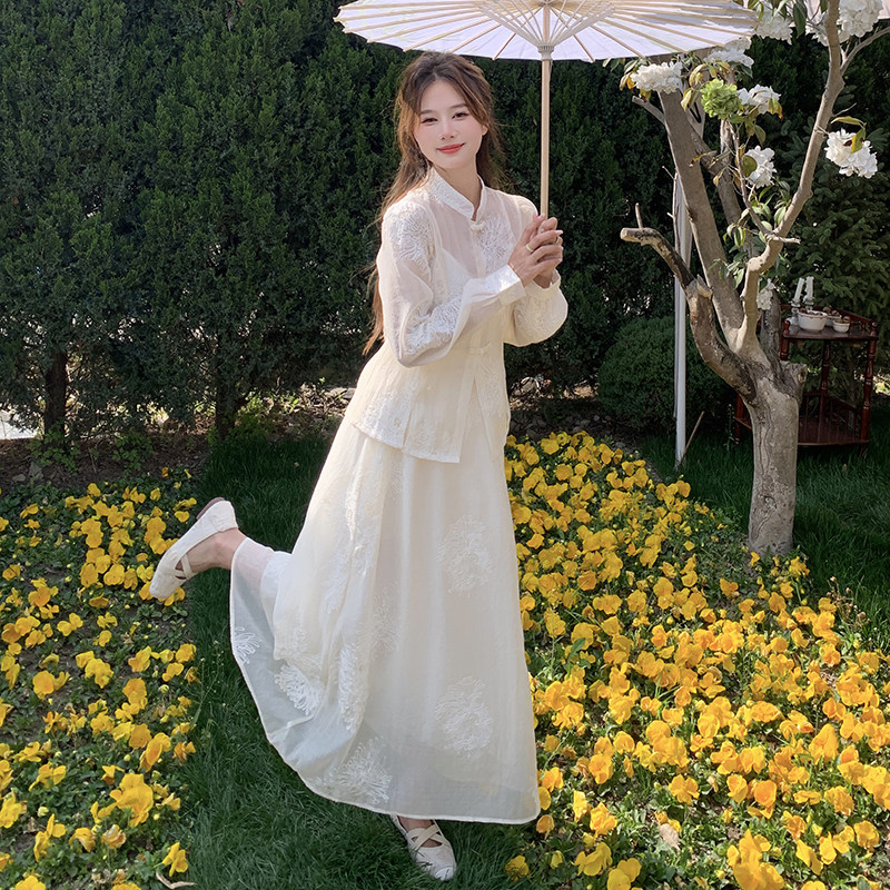 【现货】2025夏款新中式复古盘扣轻风防晒套装裙送吊带,女装套装/套裙,先锋丽姿
