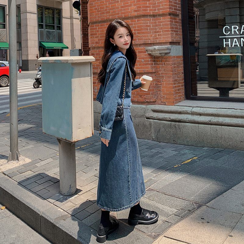 复古娃娃领牛仔连衣裙女春秋2025年新款气质绝美衬衫长裙两件套装,女装套装/套裙,2C135