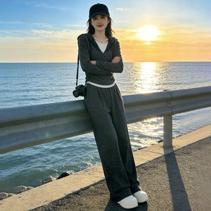 女春季新款韩版气质设计感拼接假两件连帽长袖上衣直筒长裤两件套图片
