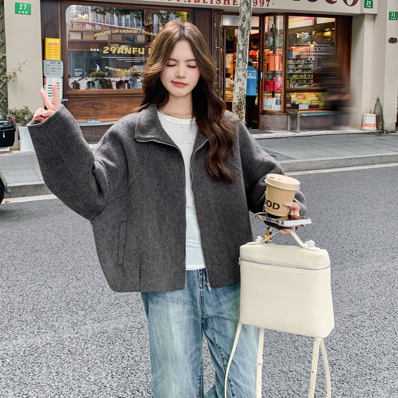 灰色高级感短款双面呢外套女秋冬季2025年新款小个子保暖羊毛上衣,女装羊绒大衣,2C107