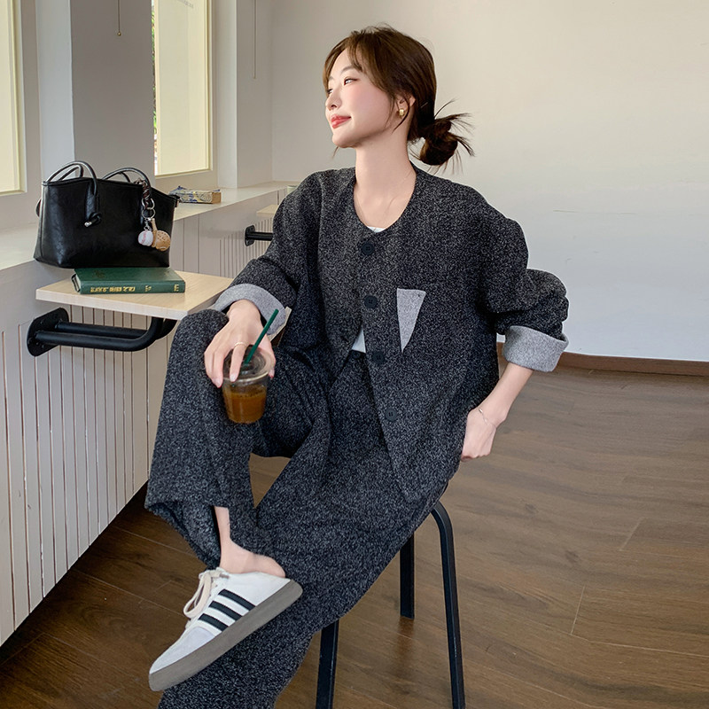 撞色拼接休闲灰色外套阔腿裤套装女春秋ootd穿搭两件套爆款高级感,女装套装/套裙,2C277