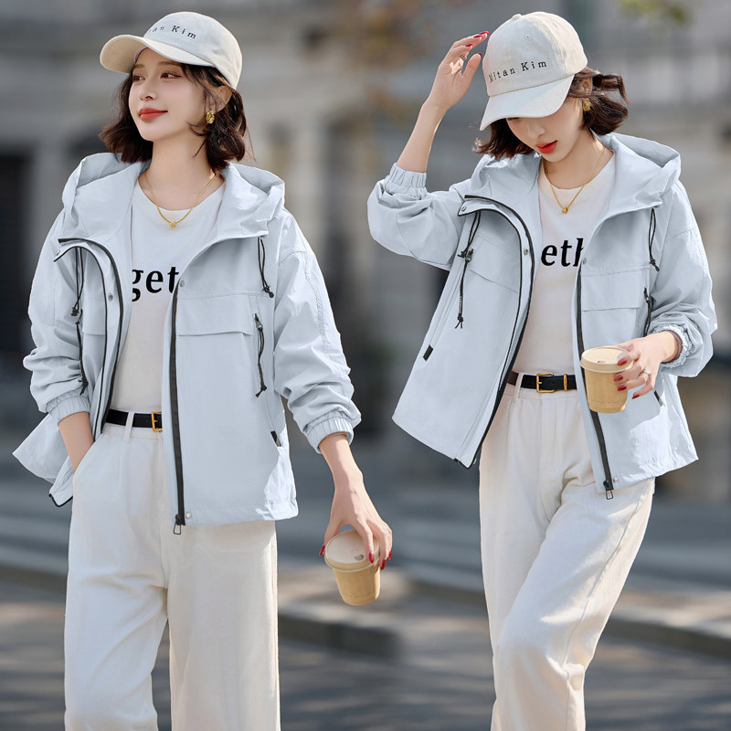 粉色洋气减龄工装短外套女2025春秋新款百搭休闲宽松连帽夹克上衣,女装短外套,唯婧