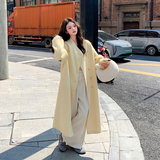 韩版气质宽松高级感外套女2025年秋冬季新款鹅黄色双排扣毛呢大衣，女装毛呢外套，2C030