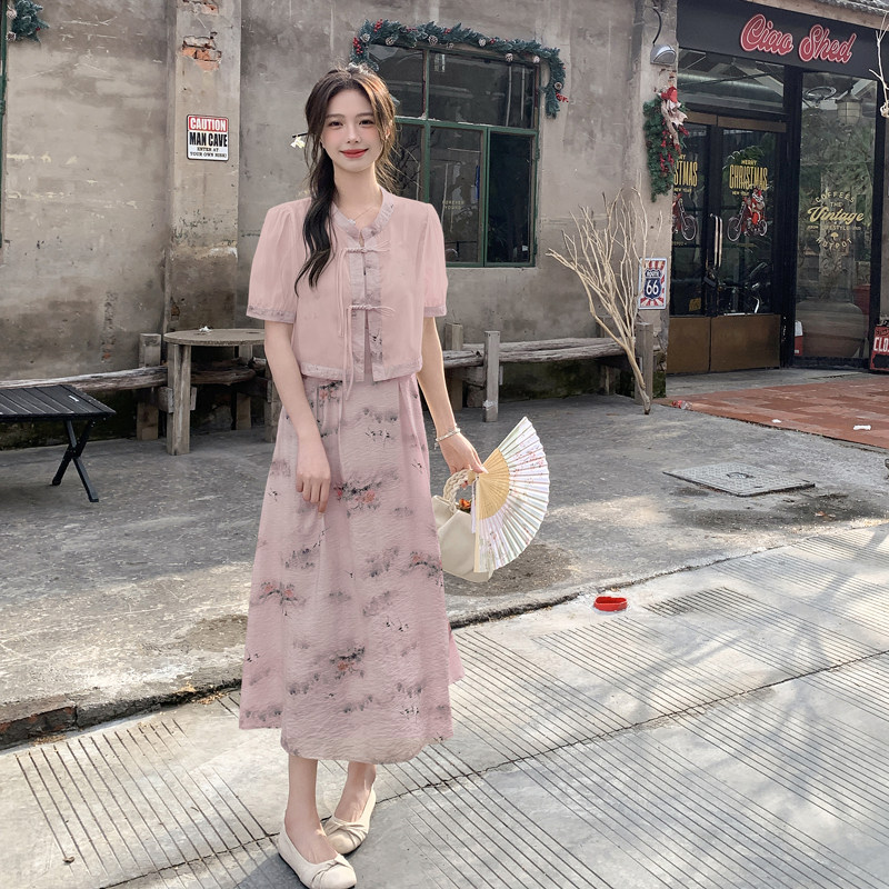 新中式国风水墨画吊带长裙套装女2025夏季新款显瘦开衫上衣两件套,女装连衣裙,2C266