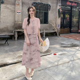 新中式国风水墨画吊带长裙套装女2025夏季新款显瘦开衫上衣两件套，女装连衣裙，2C266