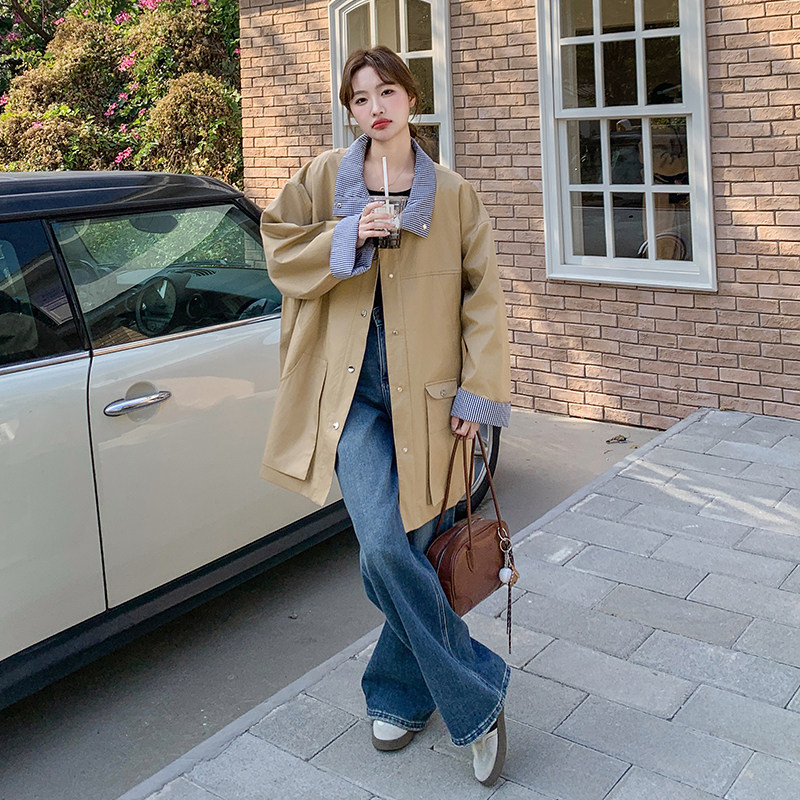 设计感卡其色细格拼接风衣外套女2025春季新款韩版宽松中长款大衣,女装风衣,2C159