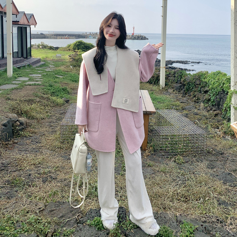 减龄甜美粉色双面呢羊毛外套女秋冬2025新款巨好看爆款多巴胺大衣,女装羊绒大衣,2C056