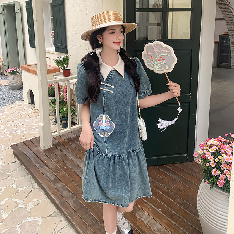 新中式国风刺绣牛仔连衣裙女2024夏季新款小个子宽松显瘦盘扣裙子,女装连衣裙,2C060