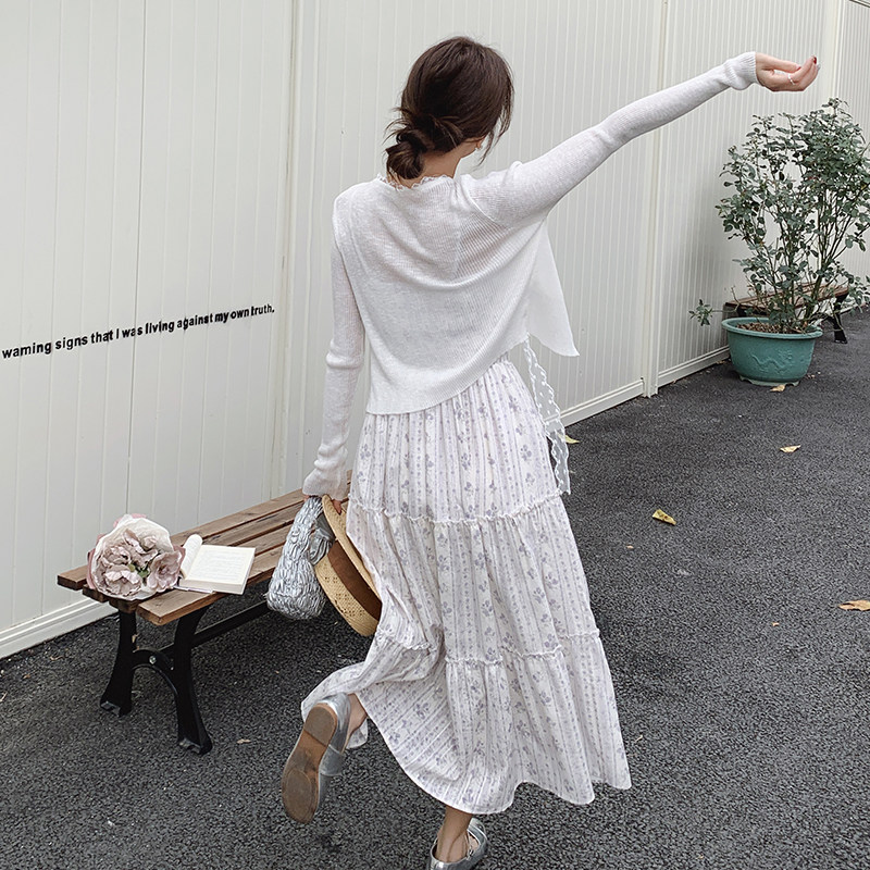 白色温柔风碎花吊带连衣裙套装女2025夏日绝美穿搭蕾丝开衫两件套,女装套装/套裙,2C177