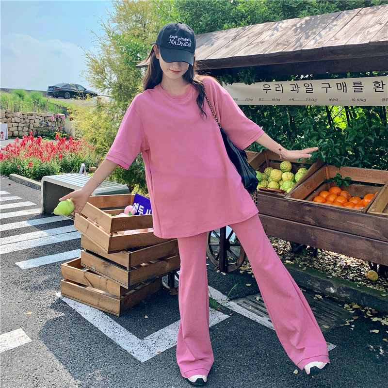 多巴胺粉色休闲运动套装女夏2025穿搭一整套时尚减龄喇叭裤两件套,女装套装/套裙,2C113