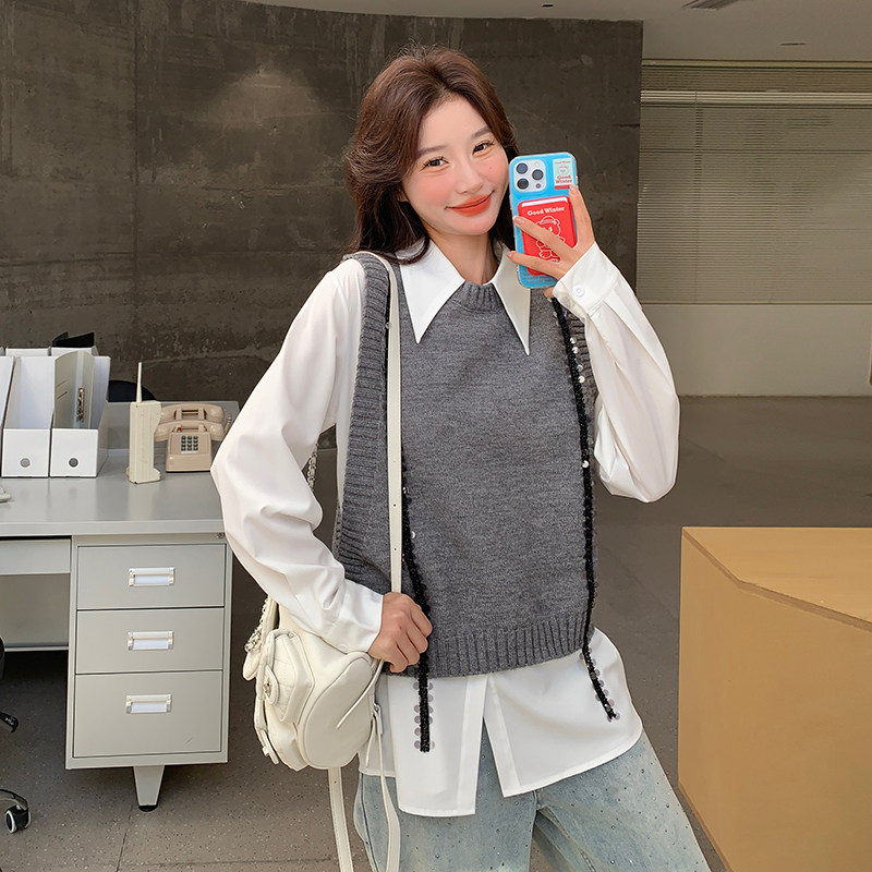 灰色小香风针织马甲套装女春季小个子气质减龄衬衫两件套,女装套装/套裙,2C166