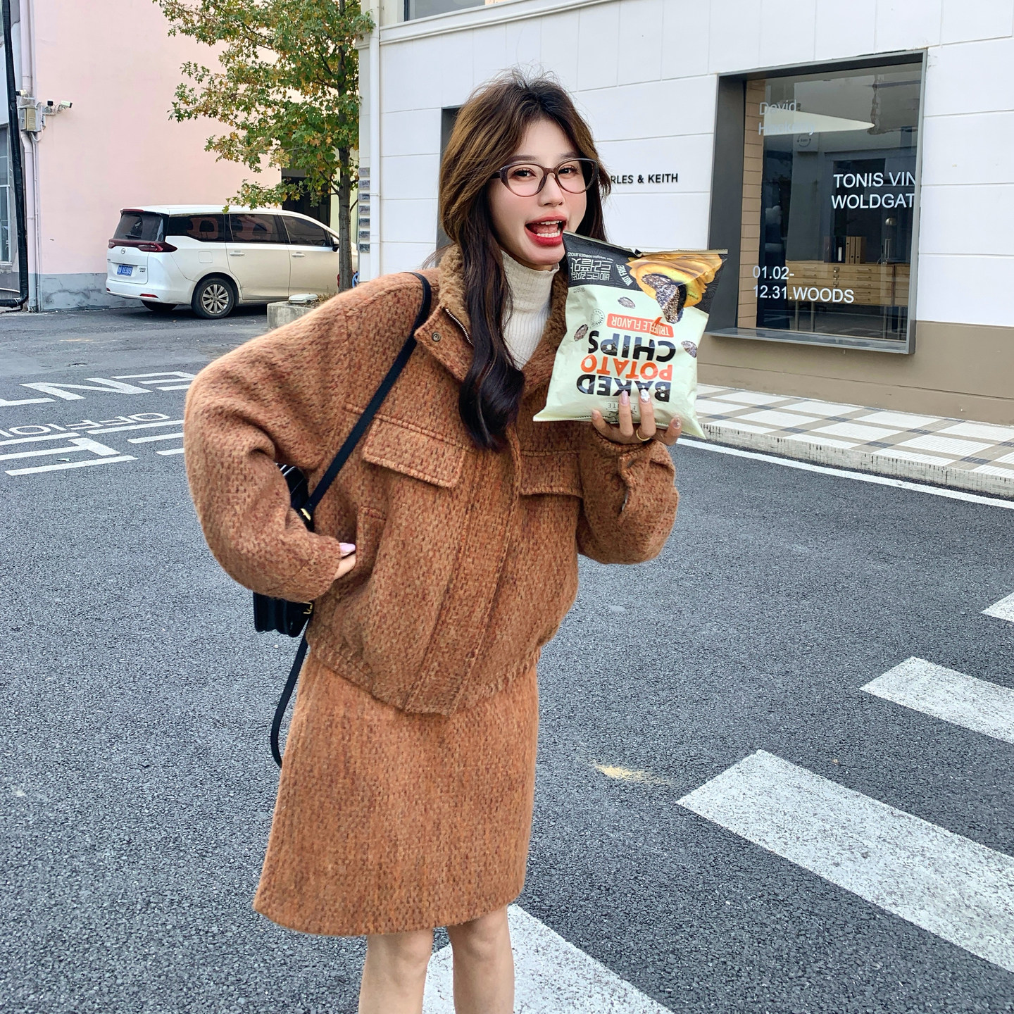美拉德风毛呢羽绒套装女冬季2026新款高级感穿搭高腰半身裙两件套,女装套装/套裙,2C166