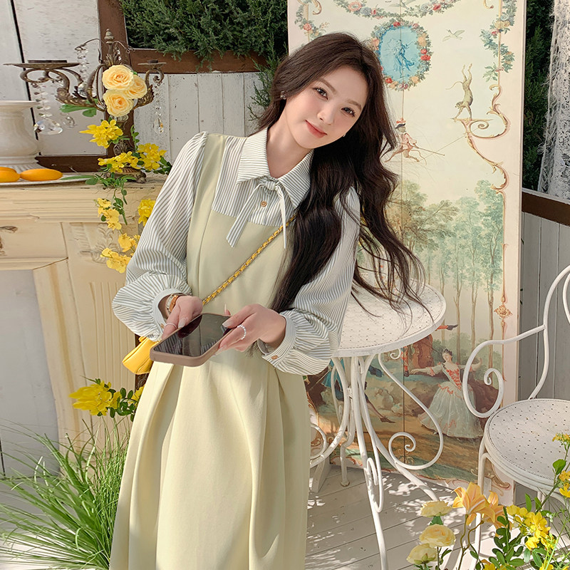 茶歇法式长袖假两件连衣裙女2025春秋新款韩系收腰显瘦减龄衬衫裙,女装连衣裙,2C092